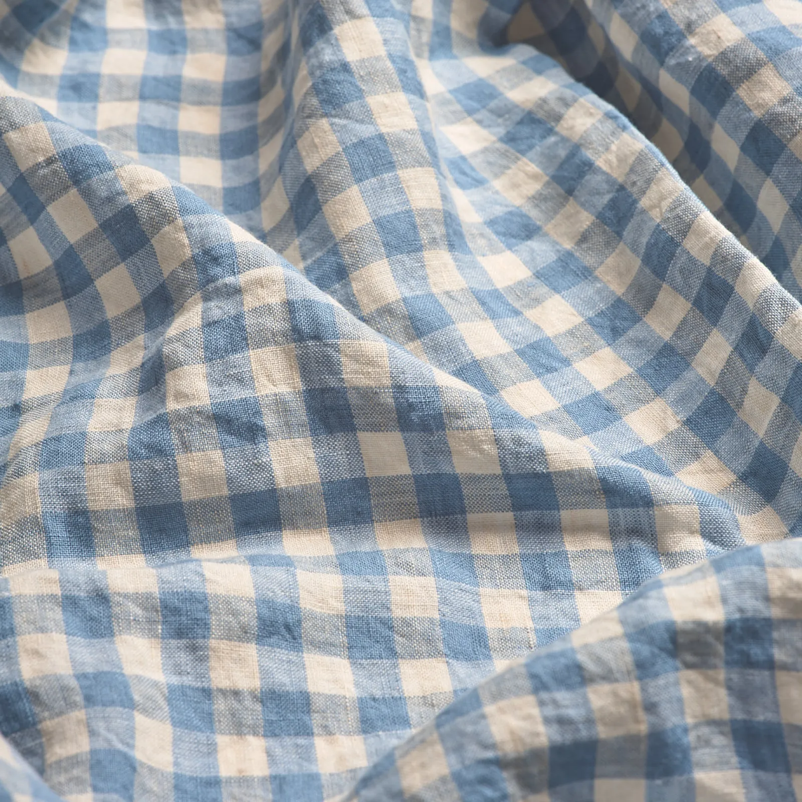 Piglet in Bed 100% Linen Flat Sheet Warm Blue Gingham New